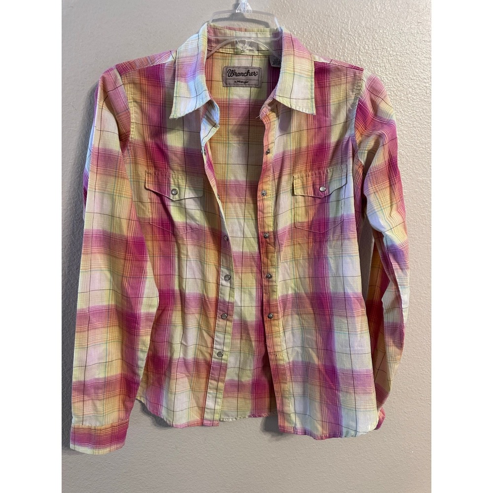 Wrangler Western Plaid Snap Front Shirt Womens Size Medium Pink Yellow Blue
